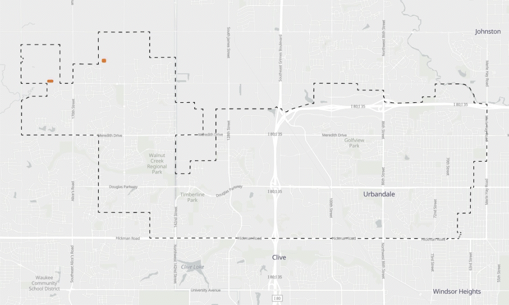 Animated graphic for a map of Urbandale with different streets being highlighted. 